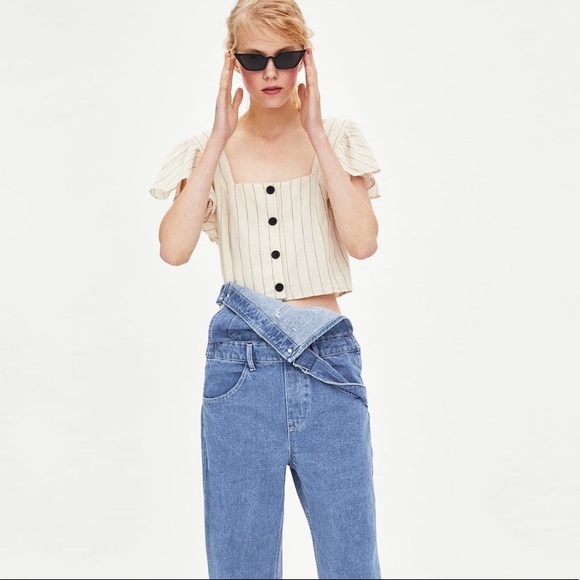 Zara Cream Pin Stripe Ruffle Button Front Crop Top Shirt - Picture 10 of 10